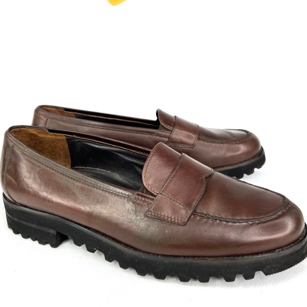 Paul Green Brown Leather Lug Sole Penny Loafers Slip On Dress Shoe Vibram Sole